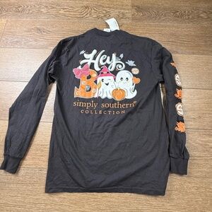 Simply Southern Women's "Hey Boo" Halloween Long Sleeve Black T-Shirt, M NWT